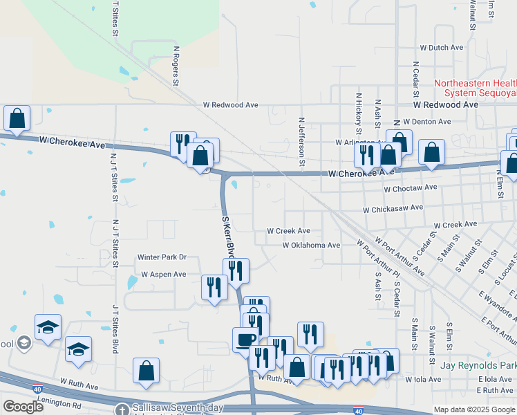 map of restaurants, bars, coffee shops, grocery stores, and more near 106 North No Name Street in Sallisaw