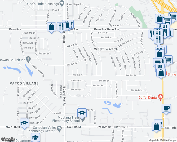 map of restaurants, bars, coffee shops, grocery stores, and more near 704 Tumbleweed Drive in Yukon