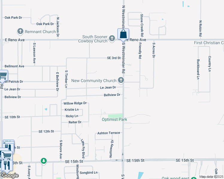 map of restaurants, bars, coffee shops, grocery stores, and more near 10825 Le Jean Drive in Midwest City