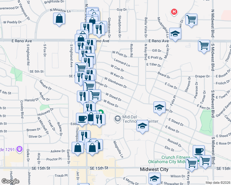 map of restaurants, bars, coffee shops, grocery stores, and more near 212 West Jarman Drive in Midwest City