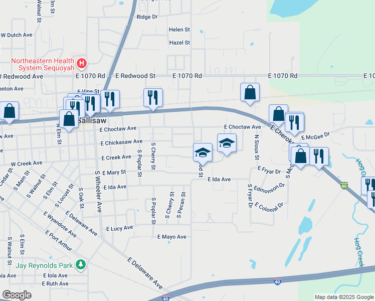 map of restaurants, bars, coffee shops, grocery stores, and more near 828 East Chickasaw Place in Sallisaw