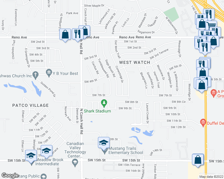 map of restaurants, bars, coffee shops, grocery stores, and more near 704 Tumbleweed Road in Yukon
