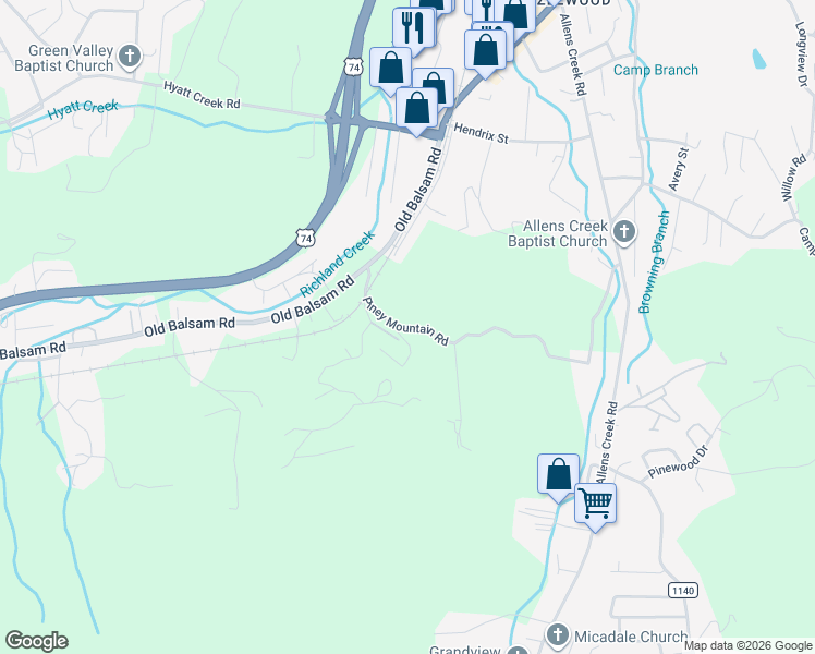 map of restaurants, bars, coffee shops, grocery stores, and more near 57 April Park in Waynesville