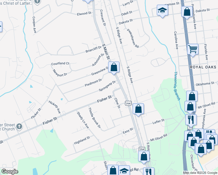 map of restaurants, bars, coffee shops, grocery stores, and more near 107 Springway Drive in Kannapolis
