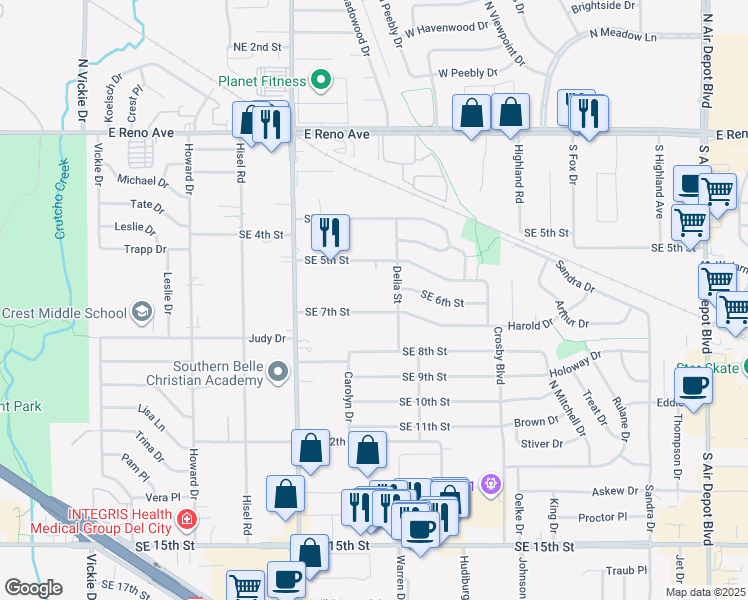 map of restaurants, bars, coffee shops, grocery stores, and more near 5821 Southeast 7th Street in Midwest City