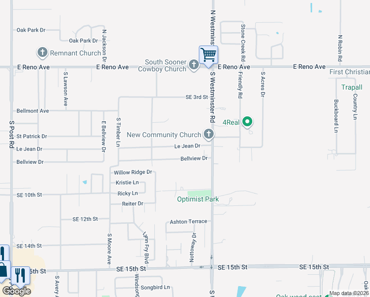 map of restaurants, bars, coffee shops, grocery stores, and more near 10825 Le Jean Drive in Midwest City