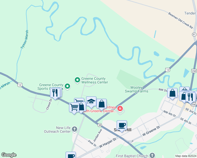 map of restaurants, bars, coffee shops, grocery stores, and more near 321 Pineshoal Drive in Snow Hill