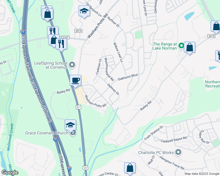 map of restaurants, bars, coffee shops, grocery stores, and more near 17905 Delmas Drive in Cornelius