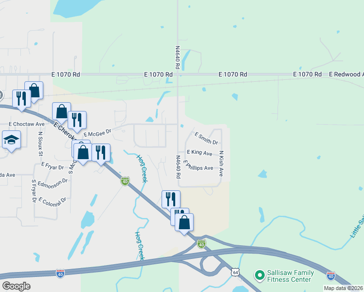 map of restaurants, bars, coffee shops, grocery stores, and more near 103 North Richardson Avenue in Sallisaw