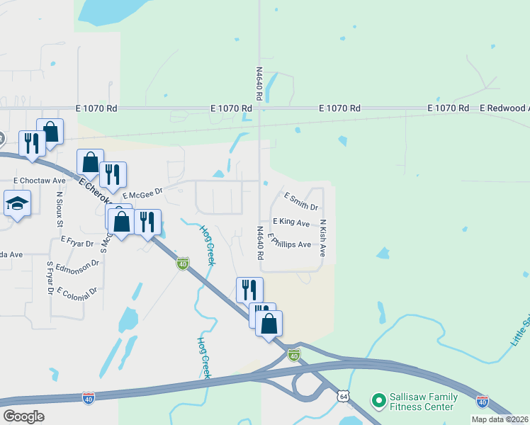 map of restaurants, bars, coffee shops, grocery stores, and more near 103 North Richardson Avenue in Sallisaw