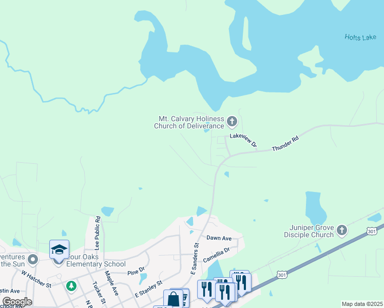 map of restaurants, bars, coffee shops, grocery stores, and more near 145 Ridgemoore Court in Four Oaks
