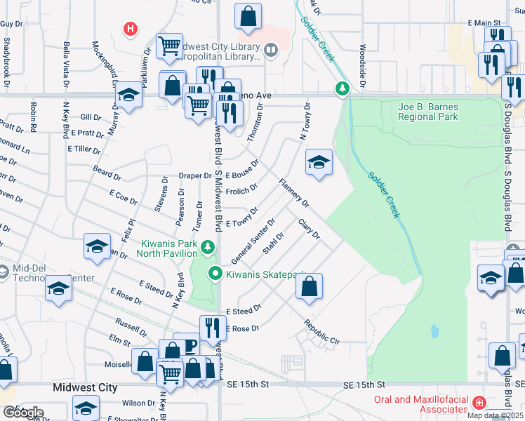 map of restaurants, bars, coffee shops, grocery stores, and more near 800 E Towry Dr in Midwest City