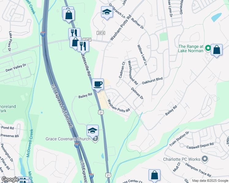map of restaurants, bars, coffee shops, grocery stores, and more near 9670 Bailey Road in Cornelius