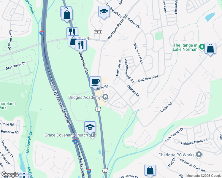 map of restaurants, bars, coffee shops, grocery stores, and more near 9730 Bailey Road in Cornelius