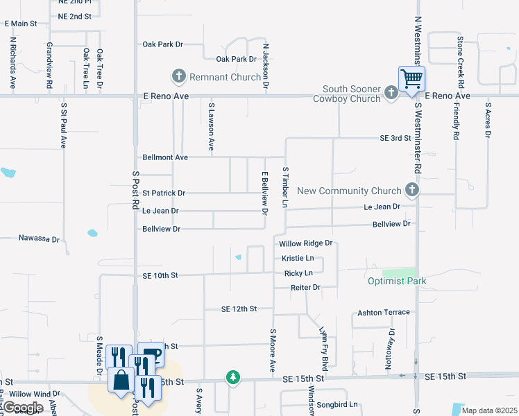 map of restaurants, bars, coffee shops, grocery stores, and more near 721 East Bellview Drive in Midwest City