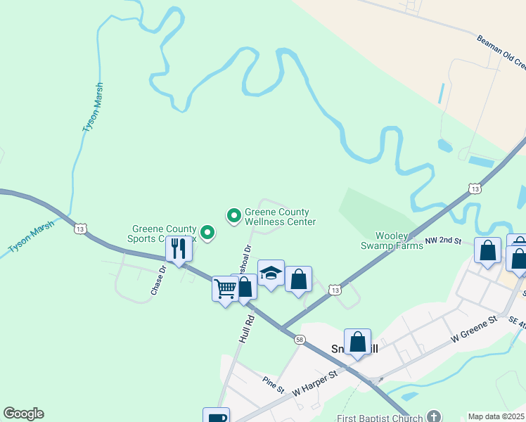 map of restaurants, bars, coffee shops, grocery stores, and more near 307 Pine Street in Snow Hill