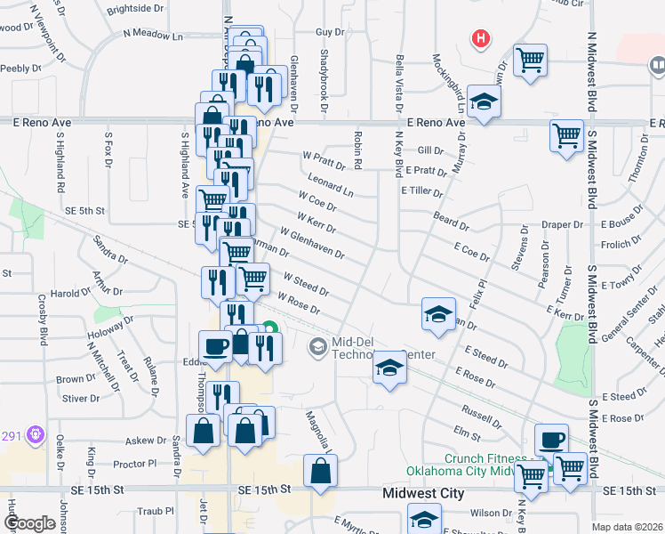 map of restaurants, bars, coffee shops, grocery stores, and more near 125 West Jarman Drive in Midwest City
