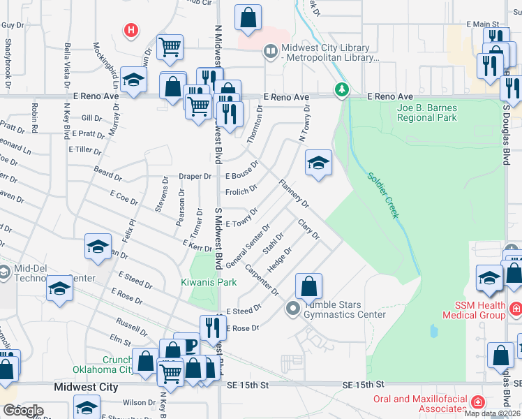 map of restaurants, bars, coffee shops, grocery stores, and more near 800 East Towry Drive in Midwest City