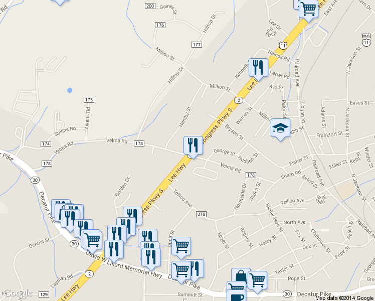 map of restaurants, bars, coffee shops, grocery stores, and more near 724 Congress Parkway South in Athens