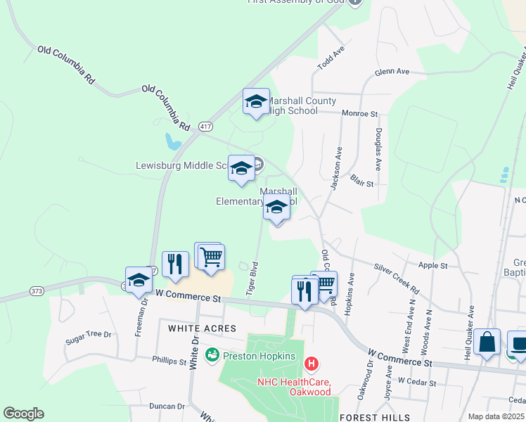 map of restaurants, bars, coffee shops, grocery stores, and more near 500 Tiger Boulevard in Lewisburg