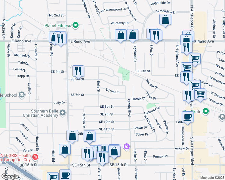 map of restaurants, bars, coffee shops, grocery stores, and more near 6113 Southeast 6th Street in Midwest City