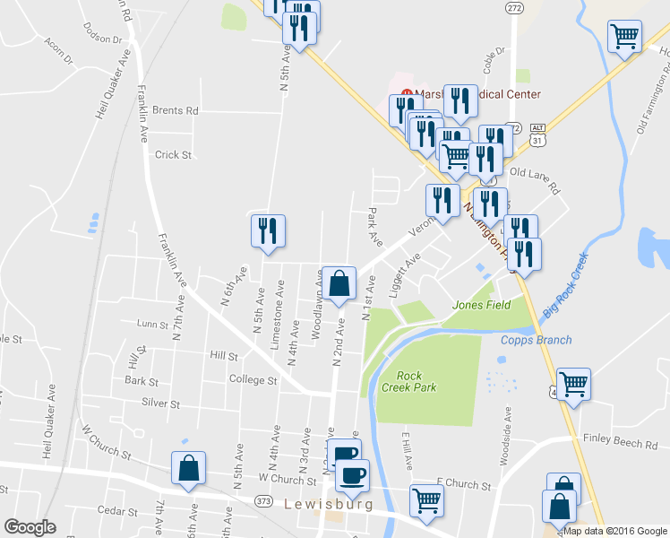 map of restaurants, bars, coffee shops, grocery stores, and more near 215 Greenwood Street in Lewisburg