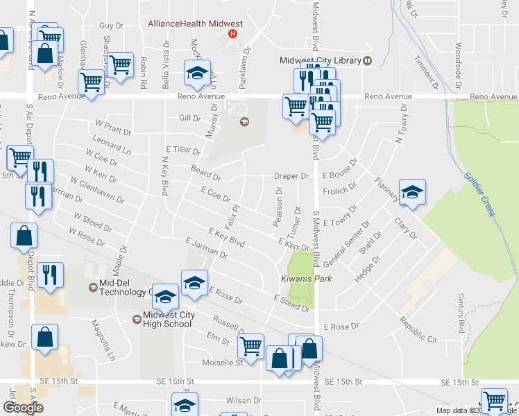 map of restaurants, bars, coffee shops, grocery stores, and more near 313 East Coe Drive in Midwest City