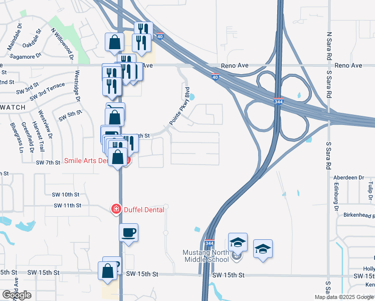 map of restaurants, bars, coffee shops, grocery stores, and more near 11121 Southwest 7th Circle in Yukon