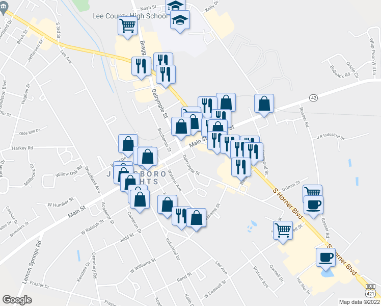 map of restaurants, bars, coffee shops, grocery stores, and more near 2505 Dalrymple Street in Sanford