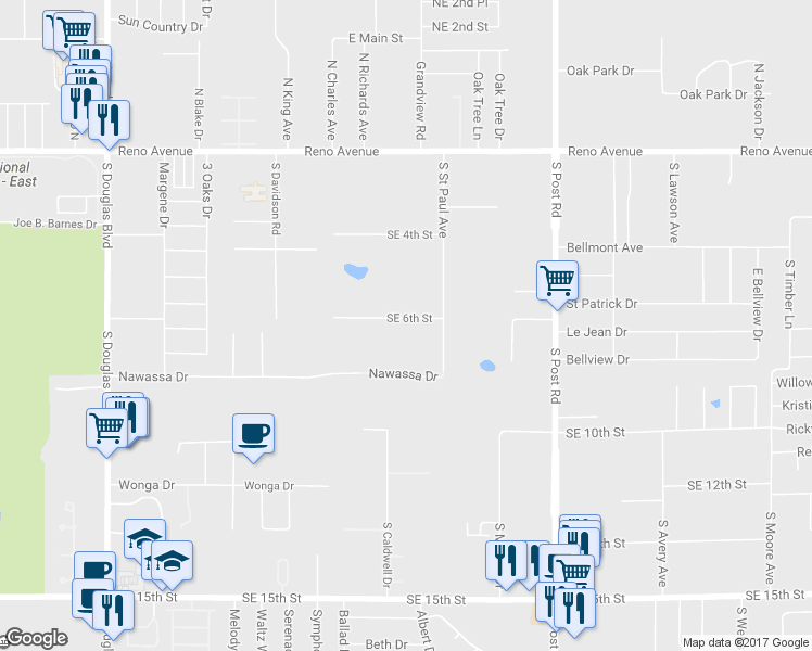 map of restaurants, bars, coffee shops, grocery stores, and more near 9626 Southeast 6th Street in Midwest City