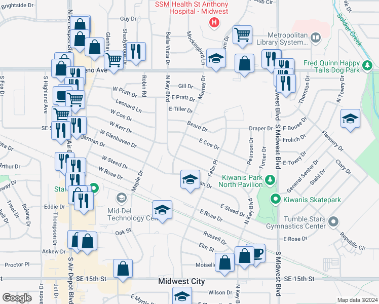 map of restaurants, bars, coffee shops, grocery stores, and more near 216 East Kerr Drive in Midwest City
