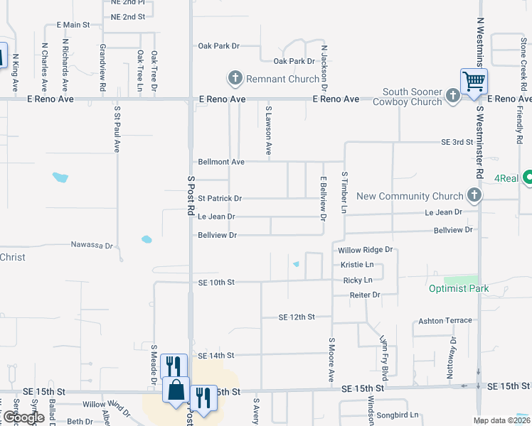 map of restaurants, bars, coffee shops, grocery stores, and more near 10251 Le Jean Drive in Midwest City