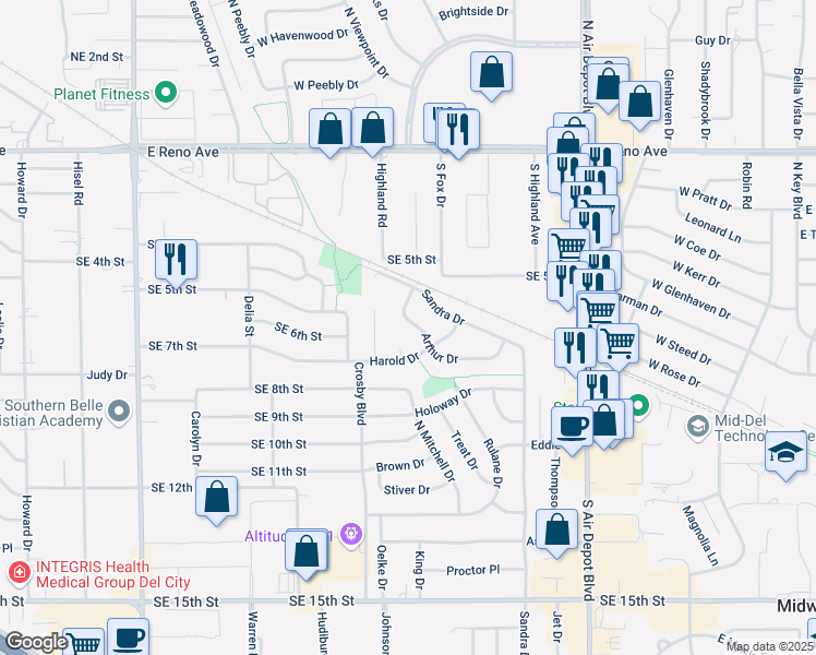 map of restaurants, bars, coffee shops, grocery stores, and more near 920 Arthur Drive in Midwest City