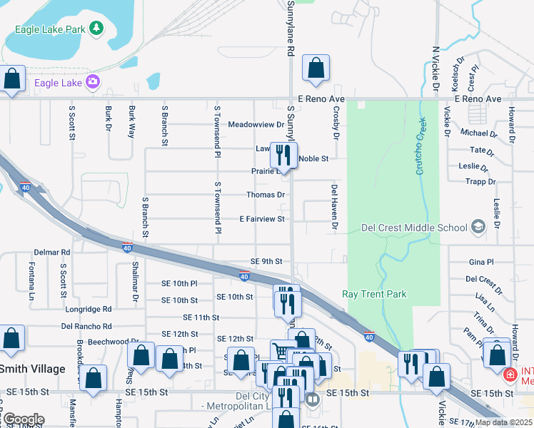 map of restaurants, bars, coffee shops, grocery stores, and more near 4107 East Fairview Street in Del City