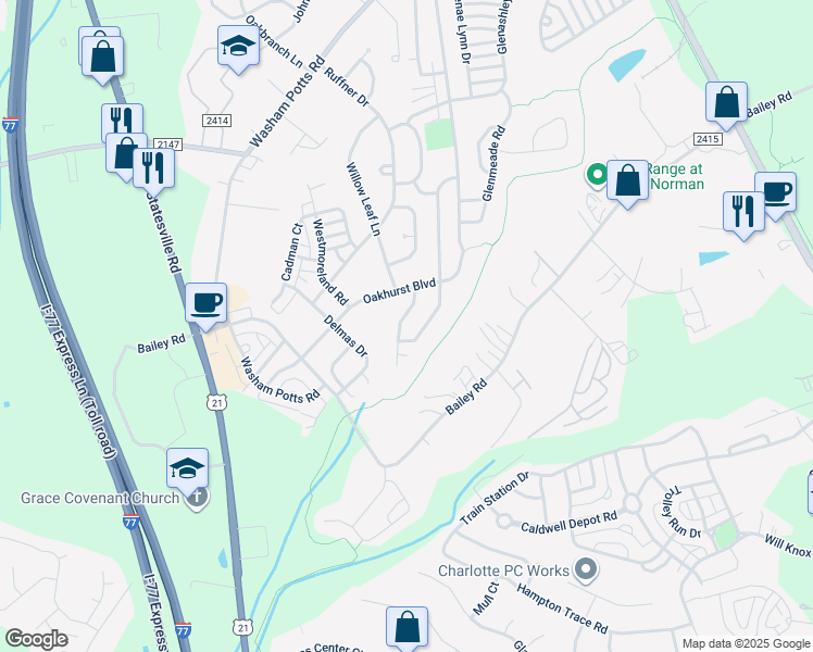 map of restaurants, bars, coffee shops, grocery stores, and more near 10603 Quarrier Drive in Cornelius