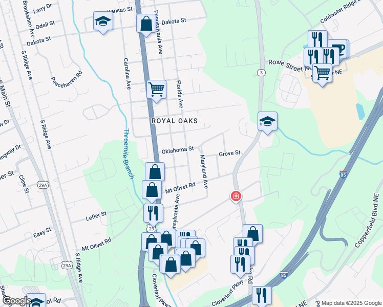 map of restaurants, bars, coffee shops, grocery stores, and more near 2703 Florida Avenue in Kannapolis