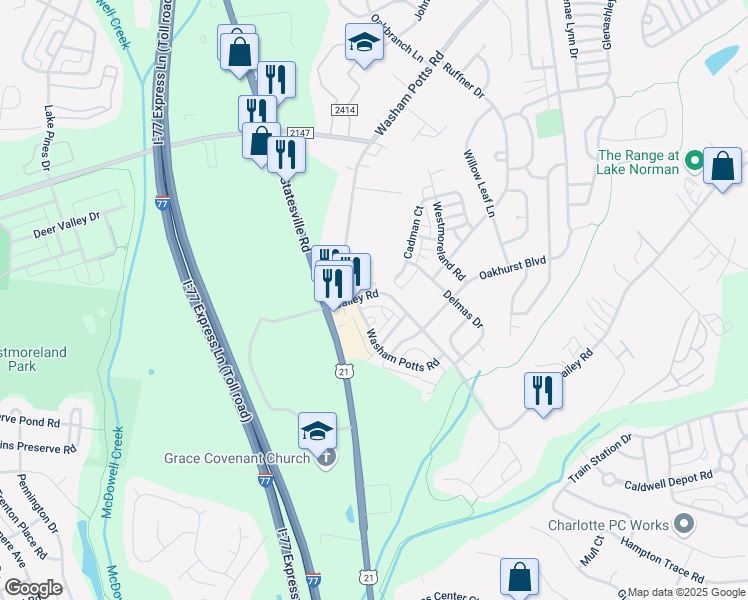 map of restaurants, bars, coffee shops, grocery stores, and more near 9670 Bailey Road in Cornelius