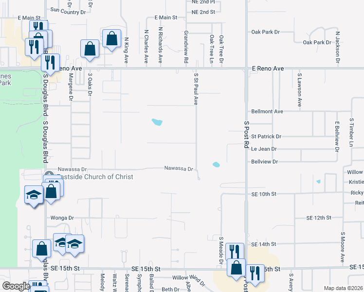 map of restaurants, bars, coffee shops, grocery stores, and more near 9626 Southeast 6th Street in Midwest City