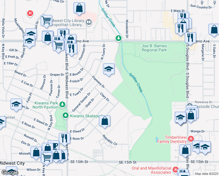 map of restaurants, bars, coffee shops, grocery stores, and more near 2118 Flannery Drive in Midwest City