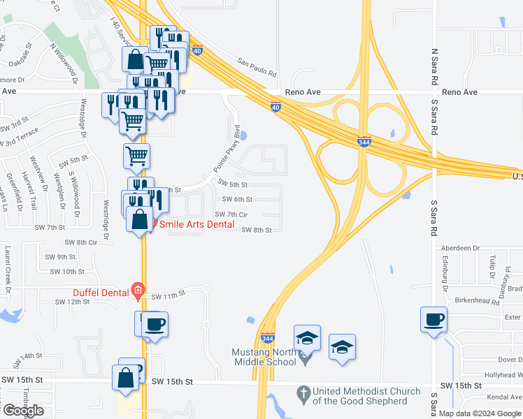 map of restaurants, bars, coffee shops, grocery stores, and more near 11021 Southwest 7th Circle in Yukon