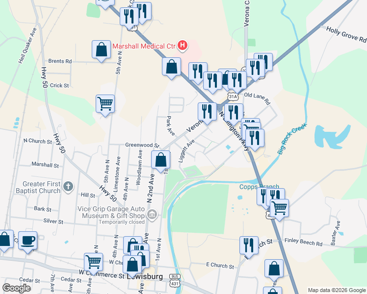 map of restaurants, bars, coffee shops, grocery stores, and more near 152 School Street in Lewisburg
