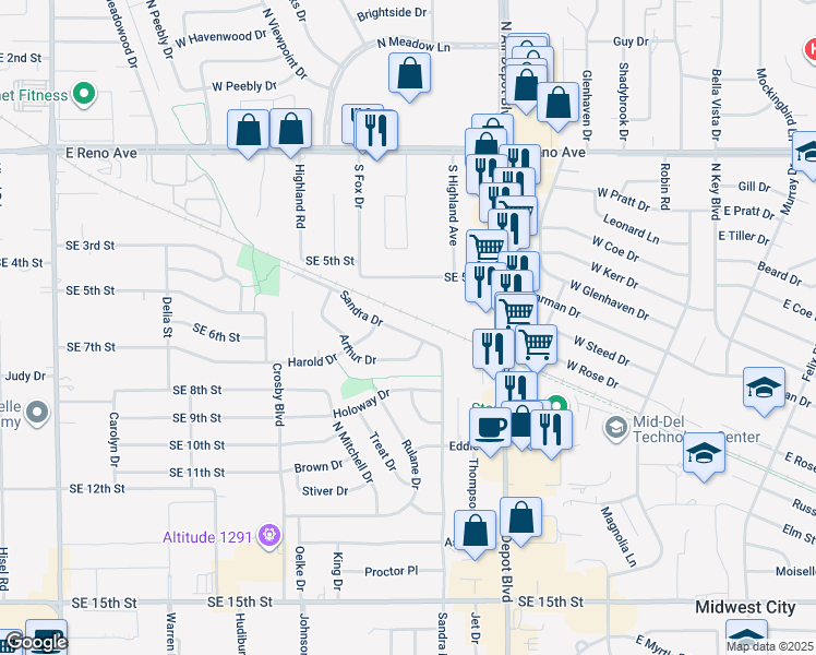map of restaurants, bars, coffee shops, grocery stores, and more near 2212 Sandra Drive in Midwest City
