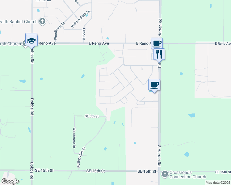 map of restaurants, bars, coffee shops, grocery stores, and more near 20663 Frontier Place in Harrah