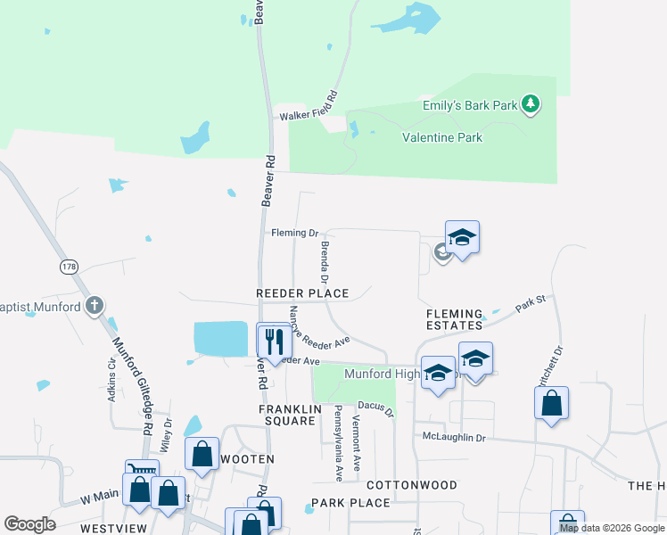 map of restaurants, bars, coffee shops, grocery stores, and more near 340 Brenda Drive in Munford