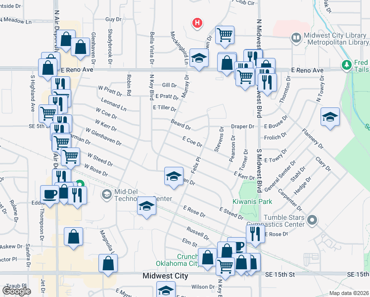 map of restaurants, bars, coffee shops, grocery stores, and more near 237 East Kerr Drive in Midwest City