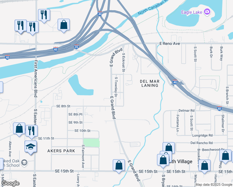 map of restaurants, bars, coffee shops, grocery stores, and more near 600 South Townley Drive in Oklahoma City