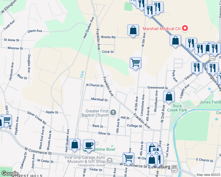 map of restaurants, bars, coffee shops, grocery stores, and more near 660 Franklin Avenue in Lewisburg