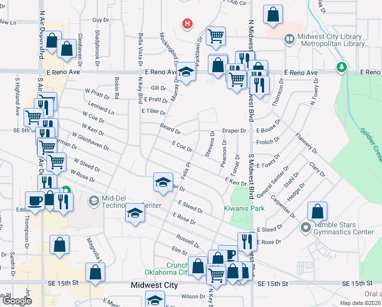 map of restaurants, bars, coffee shops, grocery stores, and more near 264 East Coe Drive in Midwest City