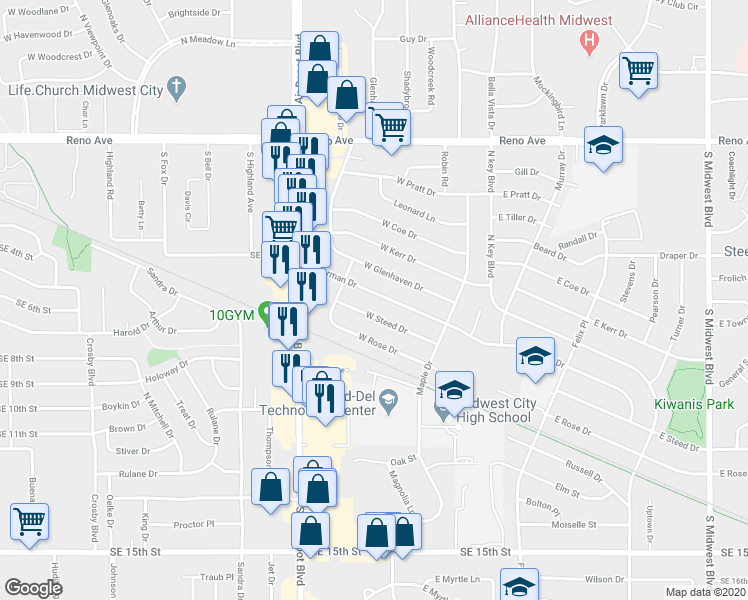 map of restaurants, bars, coffee shops, grocery stores, and more near 216 West Jarman Drive in Midwest City