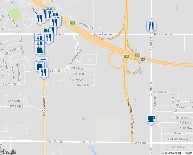 map of restaurants, bars, coffee shops, grocery stores, and more near 708 Garrison Lane in Yukon
